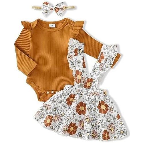 Kucnuzki Newborn Baby Girl Clothes Toddler Long Sleeve Ruffle Romper Top Infant Skirt Set Little Girl Overall Dress