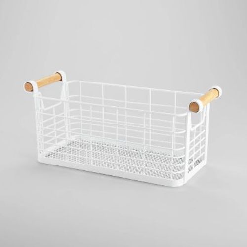 13.75"x6"x6" Small Rectangular Wire Natural Wood Basket With Handles White - Brightroom™: Metal Storage & Organization