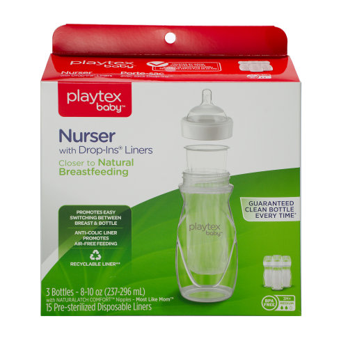 Playtex Baby Nurser Clear Anti-Colic Baby Bottle 3 Pack Each, 8 oz with 15 Drop-ins Liners