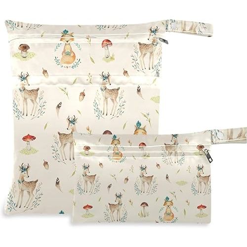 visesunny Cute Baby Foxes and Deer Animal 2Pcs Wet Bag with Zippered Pockets Washable Reusable Roomy for Travel,Beach,Pool,Daycare,Stroller,Diapers,Dirty Gym Clothes, Wet Swimsuits, Toiletries