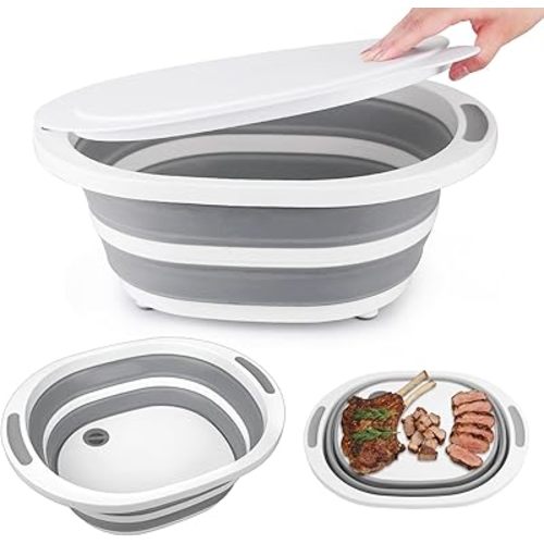 Collapsible Wash Basin, 7.5L Dish Tub Sink Basin Folding Dish Pans for Kitchen Sink, 2-in-1 Dishpan + Cutting Board, Portable Sink Dish Basin for Camping BBQ Prep Tub Washing Bin with Drain Plug + Lid