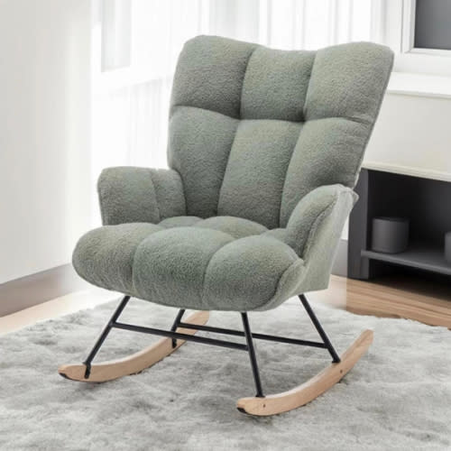 Rocking Chair Nursery Teddy Upholstered Glider Rocker Rocking Accent Chair Padded Seat with High Backrest Armchair Comfy Side Chair for Living Room Bedroom Offices (Light Green Teddy)
