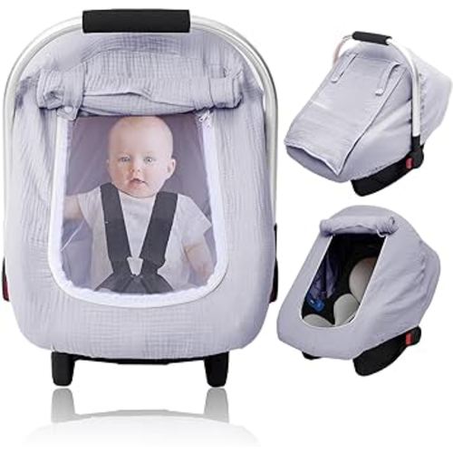 3 Layer Muslin Car Seat Cover Baby | Carseat Covers Baby with Mesh Screen Window | Privacy Infant Car Seat Cover | Baby Stroller Weather Shields | Carrier Cover Canopy for Baby Registry Essentials
