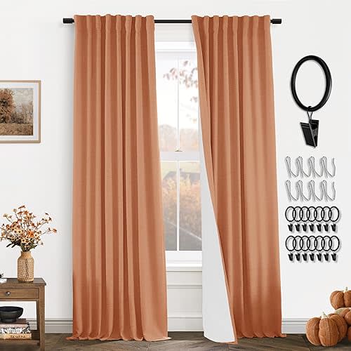 PANELSBURG Burnt Orange Blackout Curtains 2 Panels 84 Inches Long,Farmhouse Linen Pumpkin Color Fall Curtains for Living Room