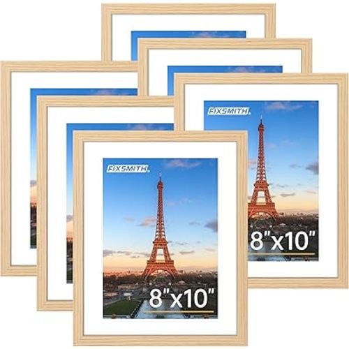 FIXSMITH 8x10 Picture Frame Bulk-6 Pack, Photo Frame with HD Plexiglass, Display Pictures 5x7 with Mat or 8x10 Without Mat, Natural Picture Frames Collage Wall Decor, Wall & Tabletop Picture Frames