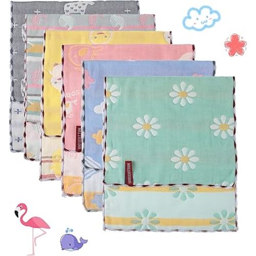 Newwiee 6 Pieces Muslin Baby Burp Cloths Infant Spit Up Thicken Burping Rags 6-Layer Absorbent Washcloths Soft Towel for Newborn Teething, 20 x 10 Inch (Fresh Color,Simple Style), SE-Newwiee-464907