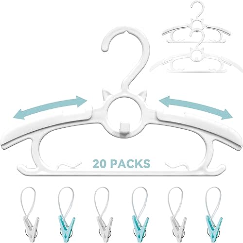 Baby Hangers for Closet 20pcs, 11-14.6" Extendable Kids Hanger Plastic, Non-Slip Toddler Pant Hangers for Infant Kid Child Newborn Clothes, Adjustable Children Coat Hanger for Girl and Boy (White)
