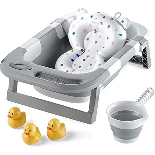 Collapsible Bathtub Baby for Infants & Newborns w/Thermometer, Drain Plug with Heat Sensor & Scoop – Compact Travel Baby Bath Space-Saving Bath for Travel, Shower & Small Bathrooms