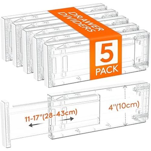 Lifewit 5 Pack Drawer Dividers 4" High, 11-17" Adjustable Dresser Drawer Organizers for Clothes, Expandable Dresser Separators in Bedroom/Bathroom/Kitchen/Vanity/Office Organization and Storage,Clear