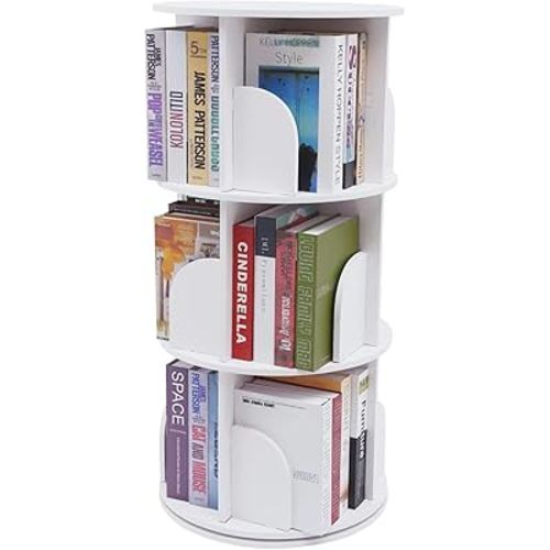 3 Tier White Rotating Bookshelf, 360 Display Small Book Shelf, Corner Bookshelf for Small Space, Floor Standing Bookcase Storage Rack, PVC Narrow Book Shelf Organizer for Office, Bedroom, Living Room