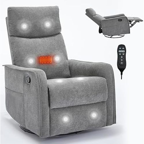 PELUMY Heat Massage Recliner Chair with Rocker and Swivel - Manual Recliner, Lumbar Heat, 8 Vibration Points, Fabric for Living Room, Bedroom(Grey)