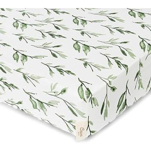 Crane Baby Soft Cotton Crib Mattress Sheet, Fitted Sheet for Cribs and Toddler Beds, Green Leaf, 28”w x 52”h x 9”d