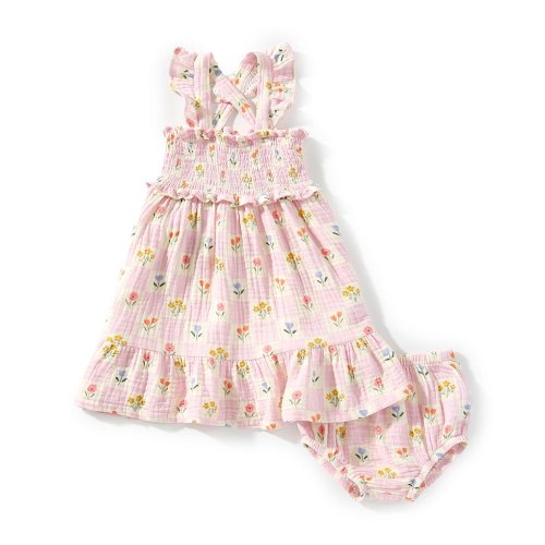 Angel Dear Baby Girls Floral Check Smocked Ruffle Sundress & Diaper Cover