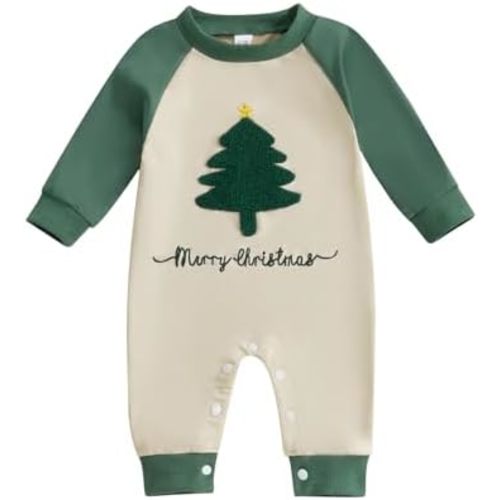 Lamuusaa Newborn Baby Boy Christmas Outfit Christmas Tree Embroidery Romper Color Block Bodysuit Jumpsuit Fall Outfit