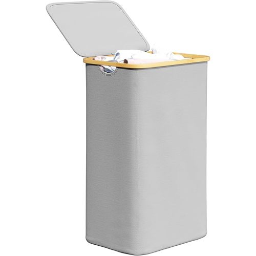 SpaceAid Laundry Hamper with Lid, 110L Large Tall Clothes Basket Bin with Bamboo Handles, Collapsible Laundry Hamper for Bedroom, Bathroom, Dorm, Laundry Room - Light Grey