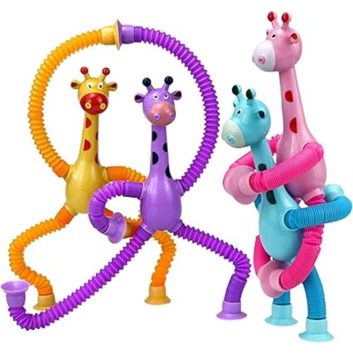 4 Pack Telescopic Suction Cup Giraffe Toy, Pop Tubes Baby Fidget Toys, Fine Motor Skills and Creative Learning, Autism Sensory Toys for Kids Toddler Age 3 4 5 6 Year Old, Boy Girl Gift