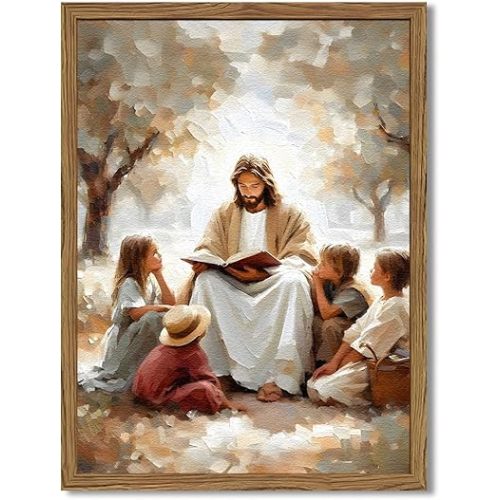 Framed Jesus With Children Wall Art, 3D Textured Christian Jesus Teaching Kids Wall Decor Paintings, Hand-Drawn Sandstone Religious Pictures Home Decor for Living Room Bedroom Prayer Room 12x16 inch