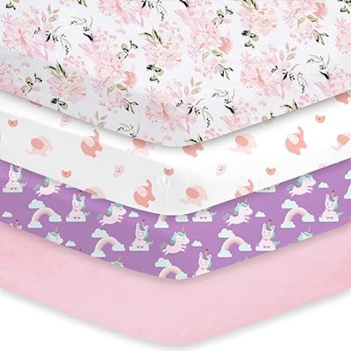 Little Grape Land Crib Sheets Girl 4 Pack, Baby Crib Sheets for Standard Crib & Toddler Mattress, Super Soft Breathable Crib Sheet Set for Girls, Pink Flowers/Elephant/Purple Unicorn/Solid Pink