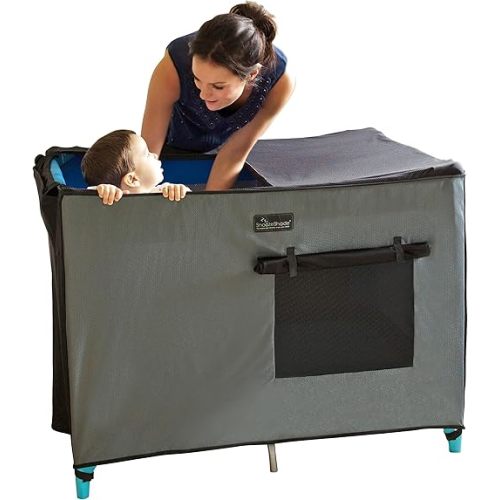 SnoozeShade Pack n Play & Travel Crib Blackout Cover | Blackout Crib Cover & Pack and Play Black Out Cover | Mom-Invented Safety Tested with Optimal Airflow