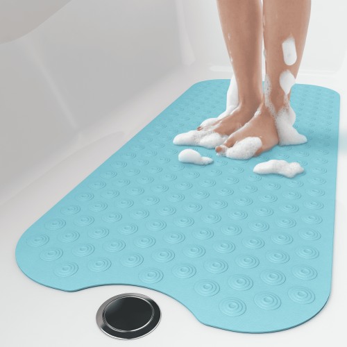 OTHWAY No Suction Cup Bath Mat: 39x16inch Extra Long Bathmat, Machine Washable, Made of Nature Rubber, Protect Your Bathtub (Light Blue)