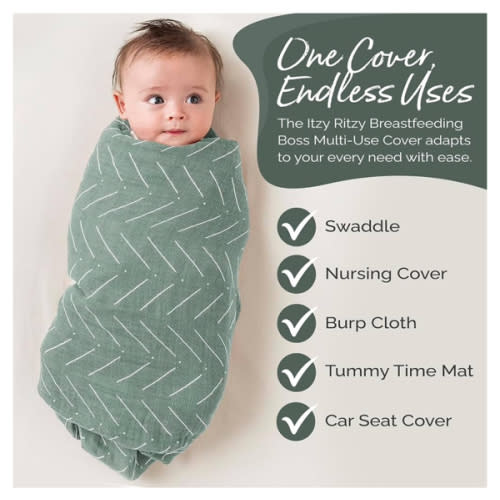 Amazon.com : Itzy Ritzy Breastfeeding Boss Multi-Use Cover – A Nursing Cover, Swaddle, Car Seat Cover, Tummy Time Mat & Burp Cloth All in One – Made of Soft Muslin Fabric & Measures 47” x 47” (Sage Mudcloth) : Baby
