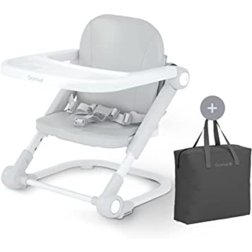 Toddler Booster Seat for Dining Table, Portable High Chair Travel Booster Seat with Aluminum Frame, Soft PU Cushion and Adjustable Height&Tray, Easy to Clean(Grey)