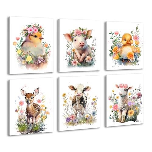 LNLAGBO Framed Baby Watercolor Farm Animals Nursery Wall Art Prints,Cute Baby Animal Nursery Farm Wall Art,Farmhouse Animals Themed Poster for Farmhouse Room Decor,Set of 6(8"X10")