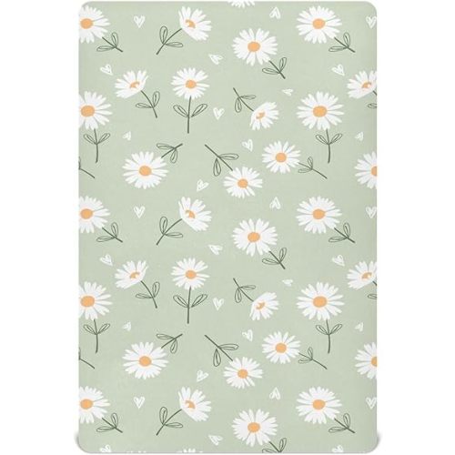 Aslsiy White Daisy Flower Fitted Crib Sheet for Baby Heart Green Nursery Mattress Sheets Playard Sheet Stretchy Mini Crib 52x28in