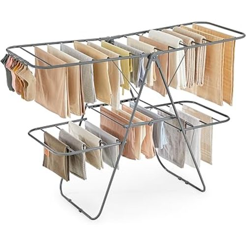SONGMICS Clothes Drying Rack, Foldable 2-Level Laundry Drying Rack, Free-Standing Laundry Airer, with Height-Adjustable Wings, 33 Drying Rails, Sock Clips, Gray ULLR053G02V1