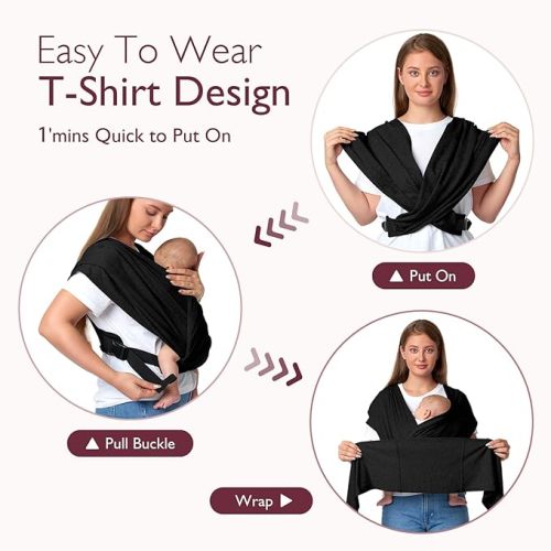 Momcozy Baby Wrap Carrier Skin-Friendly Fabric, Easy to Wear Baby Carrier Sling T-Shirt Design, Hands Free Baby Carriers Newborn to Toddler 8-35lbs, Adjustable Buckle Suit for Waist 27-47inch, Black