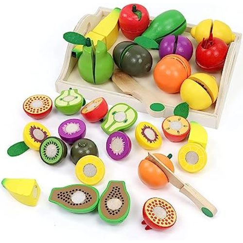Fajiabao Wooden Play Food Sets Toddler Toys 2-3 Montessori Toys for 2 3 4 Year Old Play Kitchen Accessories Kids Cutting Board Pretend Play Fake Fruit Girls Boys Educational Christmas Birthday Gifts