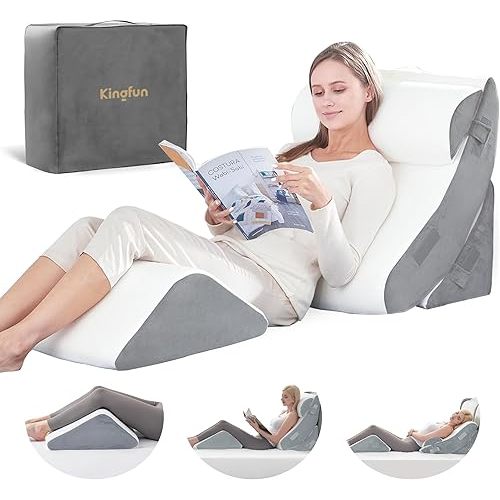 Kingfun 4pcs Orthopedic Bed Wedge Pillow Set for Post Surgery, Memory Foam for Sleeping, Adjustable Leg, Back and Arm Support, Sitting Up and Rest Pillow with Travel Bag
