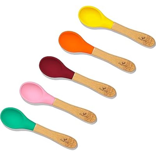 Avanchy Baby Spoons 5 Bamboo and Silicone Set, Self Feeding Food Utensils, 4 Months Baby Led Weaning, 5 Pack W/Pink