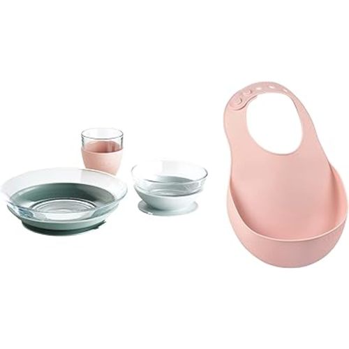 BEABA 3 Piece Glass Meal Set and Silicone Baby Bib, Rose Eucalyptus