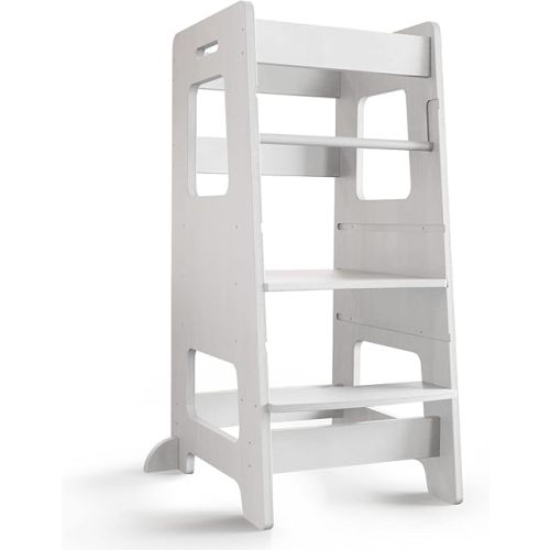 WOOD CITY Marchepied de cuisine pour enfants et tout-petits avec rail de sécurité, hauteur réglable, assistant de cuisine debout, tour d'apprentissage tabouret pour salle de bain et comptoir de