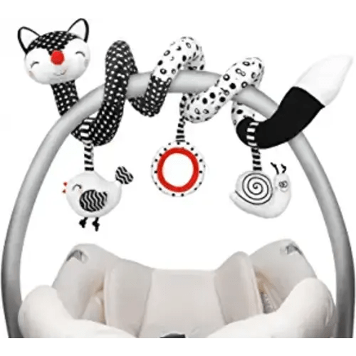 Euyecety Baby Spiral Plush Toys, Black White Stroller Toy Stretch & Spiral Activity Toy Car Seat Toys, Hanging Rattle Toys for Crib Mobile, Newborn Sensory Toy Best Gift for 0 3 6 9 12 Months Baby-Fox