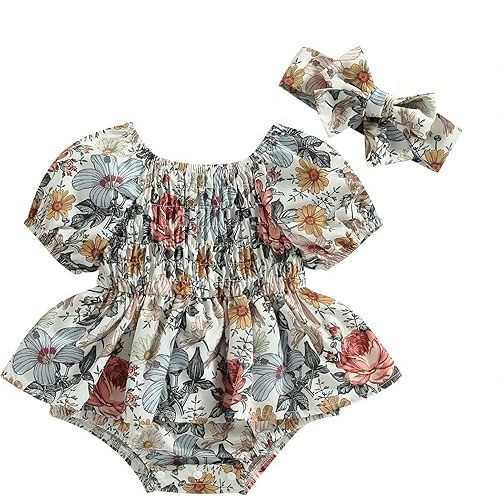 Infant Baby Girls Romper Dress 3 6 9 12 18 Months Onesie Summer Clothes Ruched Jumpsuits Hem Bodysuits Headband