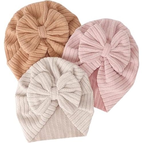 DRESHOW BQUBO 3 Pieces Newborn Baby Turban Hats Bow Baby Infant Beanie Breathable Toddler Cap for Baby Girls