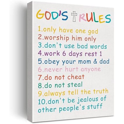 Ten Commandments Religious Scripture Print Canvas Kids Wall Art Christian Office Home Nursery Decor 10 Commandments Bible Verse Poster Picture Artwork 11.5"x15" (Wooden Framed)