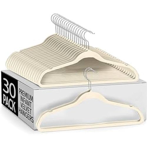 Premium Baby Hanger, Velvet Hangers, 11”, 30 Pack, Non-Slip Baby Hangers, Space Saving, Infant Hanger, Ultra Slim, Closet Organization, Children Clothes Hanger, Closet Toddler Hangers-Ivory