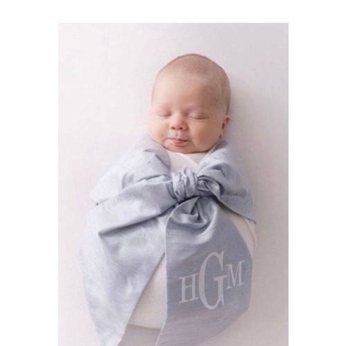 Monogrammed Newborn Swaddle Sash Photo Prop,Pastel Blue Silk White Monogram