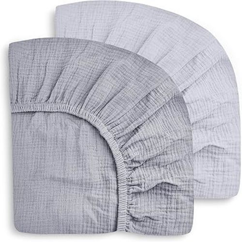 SWEET DOLPHIN 2-Pack Muslin Crib Sheets for Boys & Girls, Ultra Soft Breathable 40S Long-Staple Cotton Fitted Baby Sheets for Standard Crib Mattress 52"x28", Slate and Grey- Nursery Essentials