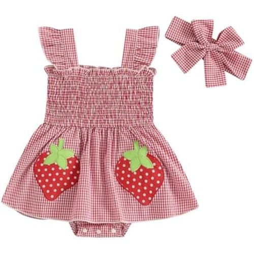 Newborn Infant Baby Girl Summer Outfit Strawberry Patch Sleeveless Smocked Romper Dress+Bow Headband Plaid Jumpsuit