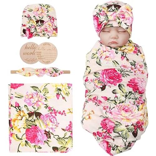 Newborn Receiving Blanket with Bow Hat Headband Wooden Card Set Newborns Toddler Baby Boy Girl Nursery Swaddle Wrap