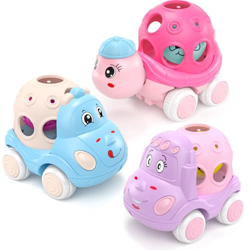 BeAndge Baby Girl Toys Gifts for 1 2 Year Old Girls, Pink Cars for Babies 6-12 12-18 Months, Push and Go Trucks for Toddlers, Soft Rattle and Roll Toys for One & 1+ Infants First Birthday Gift