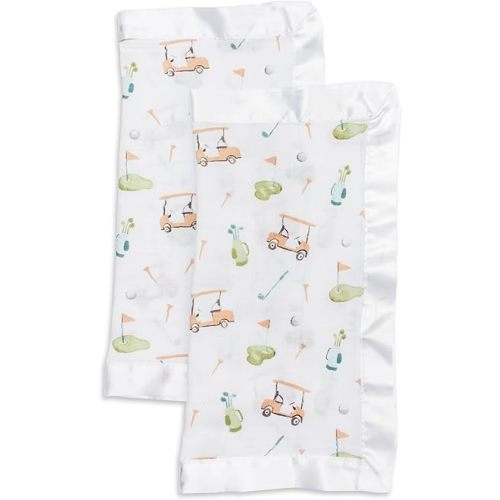 lulujo Baby Security Lovie Blankets| Unisex Softest Breathable Cotton Muslin Security Blanket with Silky Satin Trim| Neutral Comforting Blanket for Girls & Boys | 16in by 16 in| Golf