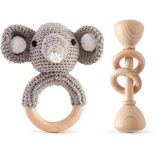 Wooden Baby Rattle Crochet Elephant and Wooden Rattle Baby Toys Set 2pcs Handmade Newborn Toy Early Development Grips Stuffed Animal Organic Rattle (Elephant Set)