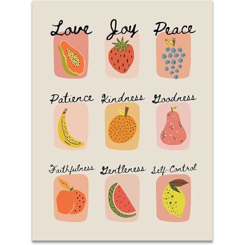 Fruits of The Spirit Poster, Retro Christian Nursery Wall Art, Holy Spirit's Fruit Art Picture, Kids Bible Verse Prints Wall Decor for Church School Kitchen Living Room 12 x 16 Inch Unframed