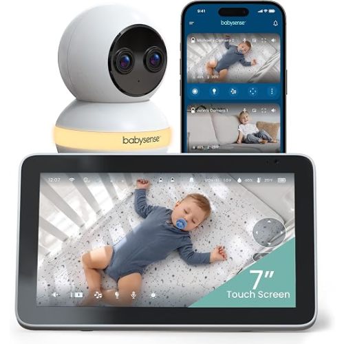 Babysense Touch 7" Touchscreen Smart WiFi Baby Monitor with App, Camera and Audio, Night Light, 4MP Dual-Lens with 6X Zoom, AI Auto Tracking, Focus Area, Split-Screen, VOX/ECO Mode, No Subscription