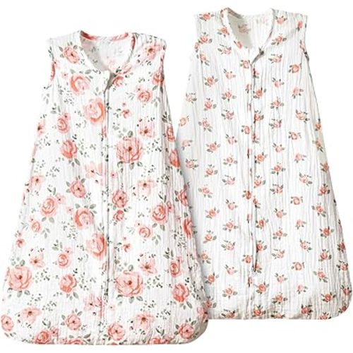 PHF 100% Muslin Cotton Baby Sleep Sacks, 0-6 Months Sleep Sack with 2-Way Zipper, 2 Pack Cooling 0.5 TOG Breathable Small Size Sleeveless Baby Wearable Blanket for Baby Girl, Floral